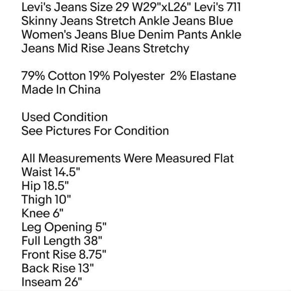 Levi's Jeans Size 29 W29"xL26" Levi's 711 Skinny Jeans Stretch Ankle Jeans Blue - Picture 2 of 6
